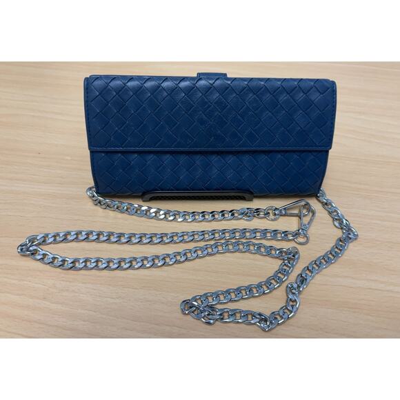 Auth BOTTEGA VENETA | Intrecciato Leather Long Flap Blue Chain Wallet | Handbag - Picture 1 of 9